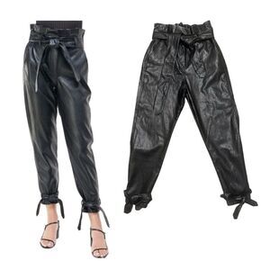 Nicole Lynel Paper Bag Tie Ankle Black Eco-Leather Pants Size Medium NWT